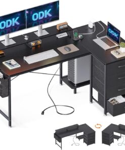 ODK Escritorio esquinero con cajones, escritorio para computadora en forma de L con puerto de carga USB y toma de corriente, escritorio de oficina en casa con soporte para monitor y soporte para PC,