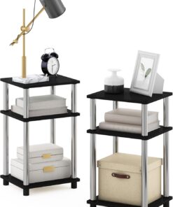 Furinno Solo 3 Niveles, Mesa Auxiliar, mesita de Noche, Madera de ingeniería, Americano/Chrome, Paquete de 2