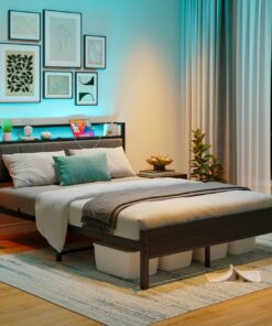 Base de cama doble de 1,27 m con cabecera de almacenamiento, cama de plataforma tapizada, base de cama de metal, base de colchón/soporte de listones de acero resistente/sin ruido/negro
