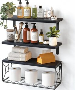 Pipishell Estantes flotantes con cesta de alambre, estantes flotantes de madera de paulownia para organización del hogar y decoración de pared para baño, cocina, sala de estar, oficina,