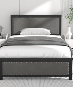 VECELO Cama Individual tapizada de 90 x 200 cm, Cama Individual con cabecero de Lino y reposapiés, Marco de Cama Estable con somier, 32 cm, práctico Espacio de Almacenamiento, silencioso, fácil