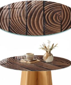 Tapa para Mesa de Centro 80 cm | Redondo | Multiusos | Bordes Pulidos | Anillos de madera | para la Cocina y Salón | Vetro Temperato | Pies Antideslizantes | con Impresión Decorativa