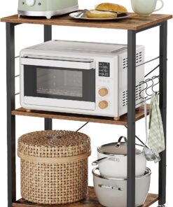 VASAGLE Estantería de Cocina con Ruedas, Carrito de Servicio de 3 Niveles, Estantería para Microondas, Marco de Metal con 6 Ganchos, 40 x 60 x 89 cm, Marrón Rústico y Negro Tinta KKS60XV1