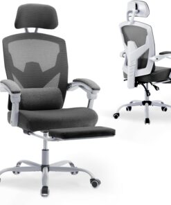 DUMOS Silla de Oficina Ergonómica: Adecuada para el hogar y la oficina, con Soporte Lumbar y Reposapiés, Gris