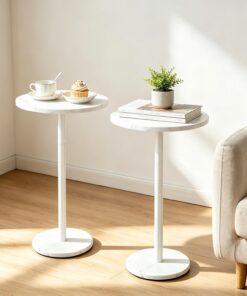 2 Pack Mesa Auxiliar Alta Redonda Mesita Auxiliar Salon 62,5 x 32 Cm Blanco | MDF Side Table con Base de Mármol, Mesa Redonda para Sala Estar Balcón Cafetería, Mesa Auxiliar Sofa Sencillo