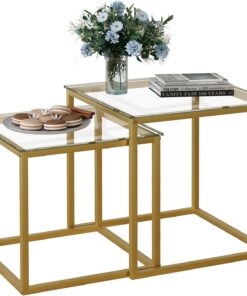 Huhote Juego de 2 mesas de centro cuadradas, mesa de salón moderna, mesa de café de cristal, mesa de salón pequeña, mesa auxiliar, mesa de sofá, mesa de café para salón, dormitorio, oficina, 50/45 cm