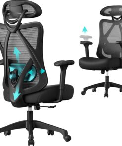 SONGMICS OBN063B01 Silla de Oficina ergonómica - Silla de Malla - Cojín Lumbar y Almohada Ajustables - Carga máxima: 150 kg - Altura Ajustable - Negro Tinta