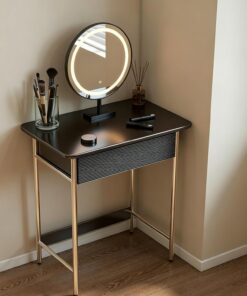 Tocador de Madera de Caucho con Espejo LED, Mesa de Maquillaje con Amplio cajón y Patas de Acero Inoxidable, Escritorio para portátil, para Espacios pequeños.(Black,60cm/23.6in)