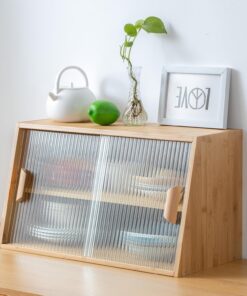 Tiita Armario pequeño de despensa de cocina, aparador de bambú con puertas de cristal, armario de despensa de alimentos para cocina, sala de estar y comedor