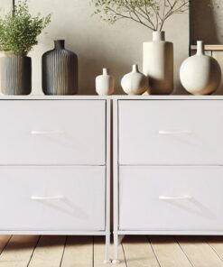DUMOS Cómoda para Dormitorio con 2 cajones de Tela, Organizador Alto para Ropa, Armario de habitación Infantil, Torre de Almacenamiento con Armario, Marco de Metal, Tablero de Madera, Muebles Ligeros