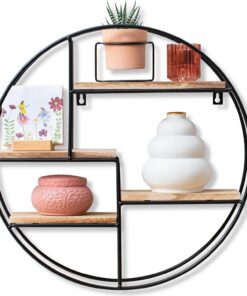 Gadgy® Estantería de Pared Redonda - Estante Flotante con 4 Baldas de Madera Natural y Marco de Metal, Diseño Industrial - 42x10 cm