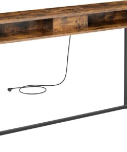 VASAGLE Mesa de Consola Delgada con Multienchufe, Mesa de sofá con 2 Compartimentos, Carga Oculta, Ahorro de Espacio, 25 x 120 x 81 cm, Entrada, Salón, Marrón Rústico y Negro Tinta LNT111K01