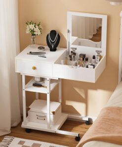 Ulifance Tocador movible para espacios pequeños, escritorio de tocador con espejo con cajones y estantes, escritorio de maquillaje para computadora para dormitorio