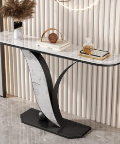 Mesa consola decorativa moderna de hierro en color dorado y negro con tablero de losa de piedra, patas con forma de hoja, mesa auxiliar estrecha para sofá, ideal para la entrada(Black 4,80cm/31.4in)