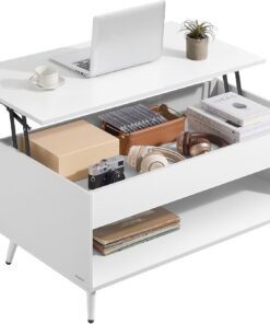VASAGLE Mesa de Centro, Mesa de Café con Tablero Elevable, Resorte de Gas, Compartimento Oculto, Estante Abierto, para Sala de Estar, Comedor, Oficina, Blanco Nieve y Blanco Mate LCT267WE01