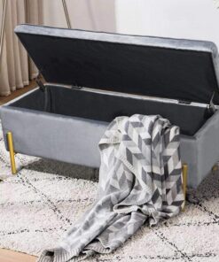 BAKAJI Baúl de Almacenamiento con reposapiés para Dormitorio, Banco de Madera, Revestimiento de Tela de Terciopelo, Asiento abatible Acolchado, Patas Doradas (Gris)