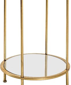 HAKU Mesa Auxiliar Redonda de Metal Dorado con Cristal de Seguridad de 5 mm y Espejo de 4 mm - Dimensiones: 55 cm de Alto x 38 cm de diámetro Estilo: Art Déco