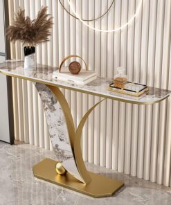 Mesa consola decorativa moderna de hierro en color dorado y negro con tablero de losa de piedra, patas con forma de hoja, mesa auxiliar estrecha para sofá, ideal para la entrada(Gold 1,80cm/31.4in)