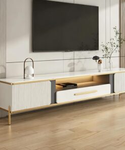 Mueble for TV de Madera Maciza con Almacenamiento Abierto, Cajones y 2 Gabinetes