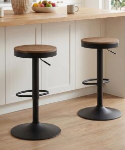 Kidol & Shellder Taburetes de Bar Sillas de Comedor Juego de 2 de Madera Negros Altura Regulable Giratorios 360°, taburetes de Bar de Madera y Metal, para el hogar, la Cocina, la Barra, el bistró