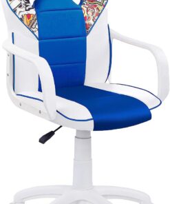 duehome | DRW Sticker, Silla Gamer, Silla de Oficina Gaming Estudio o Escritorio, Acabado en Símil Piel Blanco, Azul y Sticker, Medidas: 46,5 cm (Ancho) x 46 cm (Largo) x 98-109,5 cm (Alto)