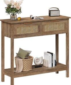 Trironsun Mesa consola con cajones de ratán y estante, mesa de pasillo boho con 2 cajones, aparador de madera para salón, entrada o detrás del sofá (roble caramelo)