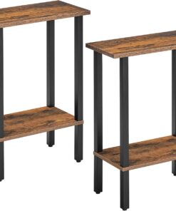 HOOBRO Juego de 2 Mesas Auxiliares de Dos Niveles de Perfil Estrecho, Mesilla de Noche, Mesita de Sofá, Mesa Lateral, para Espacios Reducidos, Sala, Dormitorio, Marrón Vintage y Negro EBF240BZP201