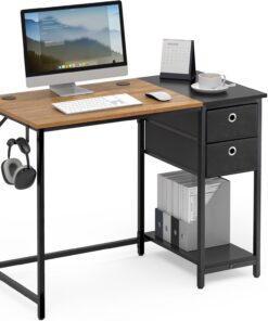 Mondeer Escritorio, Escritorio de Ordenador con cajones y Soporte para Auriculares, 100 x 50 x 76 cm, para Oficina, Estudio, salón, marrón Vintage y Negro