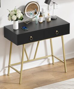 Escritorio de madera para computadora, escritorio negro con 2 cajones, tocador sin espejo, escritorio para juegos con patas de metal, mesa de maquillaje para el hogar, oficina, dormitorio, 90