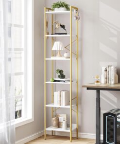Hzuaneri Estantería para libros, estantería industrial con 2 ganchos, organizador de almacenamiento para oficina en casa, sala de estar, dormitorio, cocina, 6 niveles color blanco y dorado BC10713G