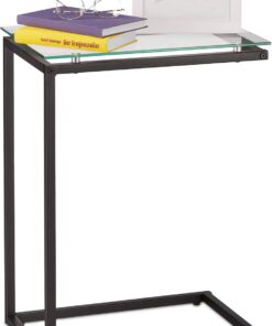Relaxdays Mesita Auxiliar, Mesita Noche Forma de C, Tablero Vidrio, Marco Metal, Diseño Industrial, 61x30x45 cm, Negro