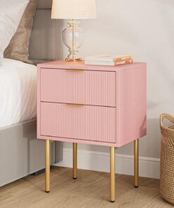 Masupu Mesita de noche, moderna mesa de noche de mediados de siglo con 2 cajones de almacenamiento, mesa auxiliar pequeña con marco dorado para dormitorio, sala de estar (rosa)