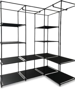 Armario esquinero Relaxdays, HBT: 170 x 130 x 8 cm, 2 Barras, 12 estantes, Acero, Tela no Tejida, Armario Abierto, Negro