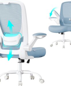 SONGMICS Silla de Oficina, Silla de Escritorio de Malla, Silla Giratoria Ergonómica, Soporte Lumbar, Oscilante, Asiento de 53 cm, Apoyabrazos Abatibles, Azul Niebla OBN037Q01
