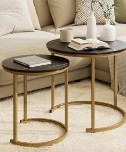 HEYZOEY Mesa de café redonda Juego de 2, Mesa de salón, Mesas auxiliares Oro Metal, Mesa de centro para mesa de sofá, salón, dormitorio, tinta negra dorada
