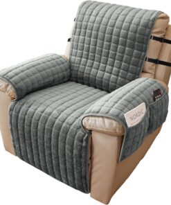 Alishomtll Funda para sillón relax, 1 plaza, con reposabrazos, antideslizante, resistente a los arañazos, con 4 bolsillos y 2 correas ajustables, color gris