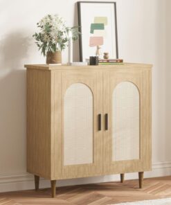 Garvee Aparador con Puertas de ratán - Mueble Auxiliar de almacenaje con estantes Ajustables y Patas de Madera Maciza - Estilo Boho, Ideal para Entrada y salón - Color Madera | con estantes ajustables y patas de madera maciza - Estilo boho, ideal para entrada y salón -