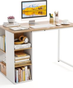 FANTASK Escritorio de 115 x 59 cm, Mesa de Ordenador con Espacio de Almacenamiento y Marco de Metal, Mesa de Oficina Moderna con 5 estantes, Mesa de Ordenador para Dormitorio, Estudio (Natural +