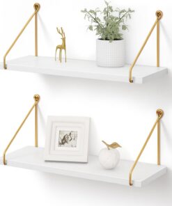 Afuly Estantería Pared, Baldas de Madera Blanca Oro con Soporte Triangular | 42cm Repisas de Pared Juego de 2, Balda, Almacenaje, Decoración, Balda Flotante para Fotos, Plantas, para Salón, Dormitorio
