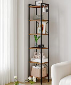 Hzuaneri Estantería para libros, estantería industrial con 2 ganchos, organizador de almacenamiento para oficina en casa, sala de estar, dormitorio, cocina, 6 niveles, marrón rústico BC10701B