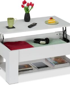 Relaxdays Mesa de Centro Elevable, Mesita Sofá con Almacenaje y Balda, Mesilla Salón, 42x98x50 cm, Blanco