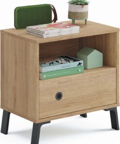 Muebles Pitarch|Mesita de Noche,Mueble Auxiliar,Moderna Industrial 1 Hueco y 1 Cajón con guías metálicas,Patas y Tiradores Negros,Roble Gold,52x50x35cm(alto x ancho x fondo)Colección Dormitorio Camila