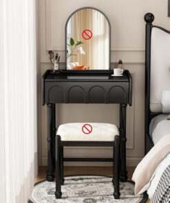 Tocador negro de madera maciza con cajones, Mesa de maquillaje moderna | Escritorio organizador de joyas, Escritorio multifuncional para dormitorio pequeño, Solo mesa(60cm/23.6in)