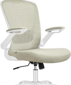 SONGMICS Silla de Oficina, Silla de Escritorio de Malla, Silla Giratoria Ergonómica, Soporte Lumbar, Oscilante, Asiento de 53 cm, Apoyabrazos Abatibles, Reposacabezas, Beige Capuchino OBN047K01