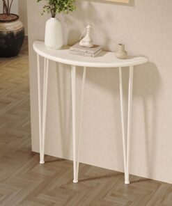 Mesa Consola Estrecha de Madera Maciza, Mesa de Entrada Moderna en Forma de Media Luna con Piernas de Metal, para Pasillo, Detrás del Sofá, Sala de Estar, Entrada(Wit,60cm)