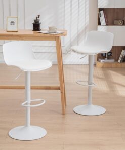 Kidol & Shellder Taburetes de Bar Sillas de Comedor Juego de 2 Blanco, Cojín de Asiento con Respaldo Giratorio de Altura Ajustable, Sillas de Bar de Metal de Cuero PU, Bistro de Cocina para el Hogar