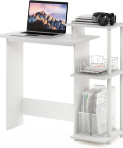 Furinno portátil Escritorio para computadora con estantes, Madera de ingeniería Plástico, Blanco/Blanco, 39.62 (D) x 100.58 (W) x 85.34 (H) cm