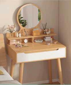 Mesa de tocador con espejo redondo y luces LED para almacenamiento de dormitorio