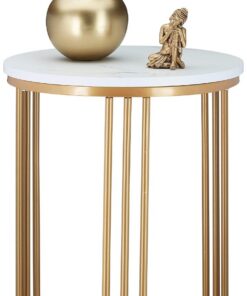 Relaxdays Mesa Auxiliar MARMO, Mesita Salón, Metal y MDF, Tablero Redondo, Efecto Mármol, 51 x 41 cm, Blanco y Dorado