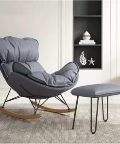 Moderna mecedora para guardería con respaldo alto reclinable en tela gris, patas de madera maciza, cómodo sillón para decoración de guardería